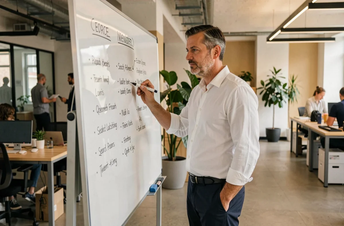Homme écrivant des clusters de mots clés sur un tableau blanc dans un espace de coworking moderne