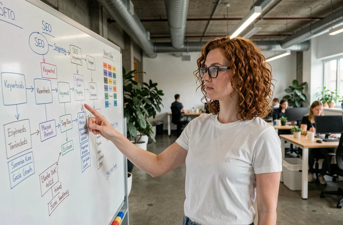 Femme présentant une stratégie SEO et réseaux sociaux pour générer du trafic sur un site web