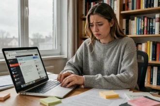 Jeune femme confuse devant un ordinateur portable avec de nombreux onglets ouverts, illustrant la surcharge d'information sur Internet