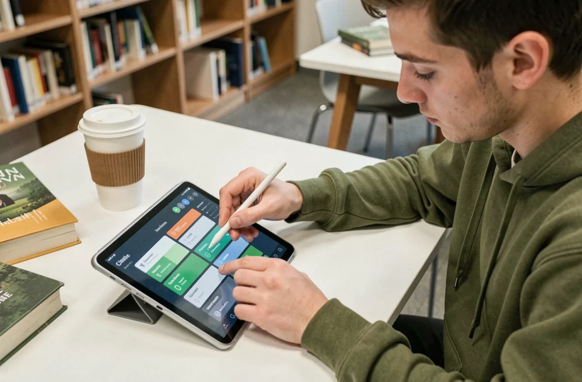 Jeune adulte utilisant un stylet sur une tablette avec des paramètres d'accessibilité à contraste élevé dans une bibliothèque moderne