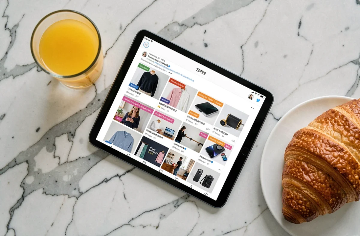 Tablette affichant des publicités ciblées sur les réseaux sociaux posée sur un comptoir de cuisine lors d'un petit-déjeuner