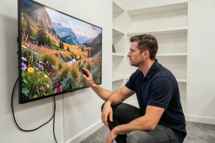 Technicien audiovisuel analysant un téléviseur QLED dans un showroom moderne, comparaison technologie d'affichage