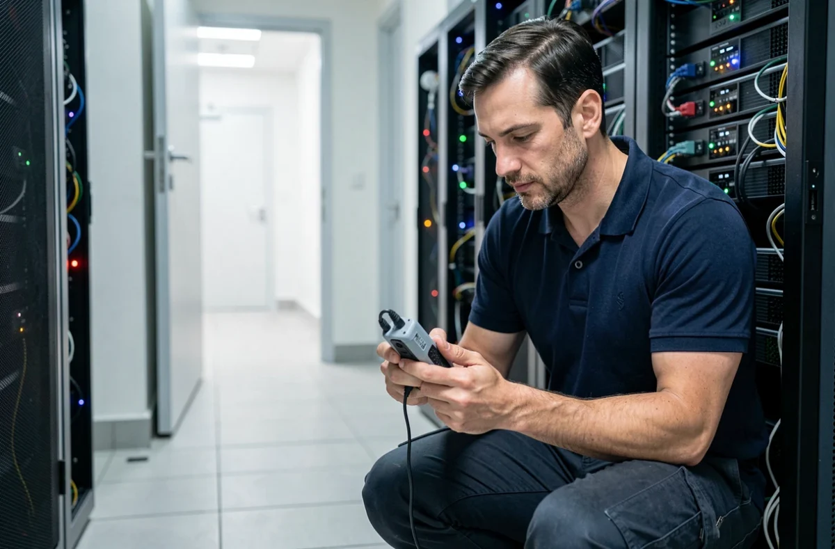 Technicien inspectant un capteur IoT dans une salle de serveurs professionnelle