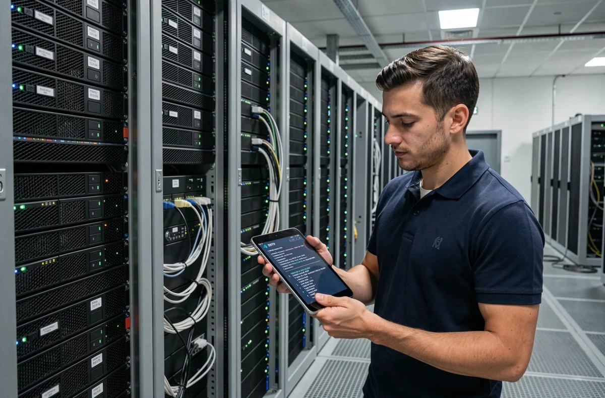 Technicien informatique inspectant un serveur de messagerie dans une salle des serveurs professionnelle