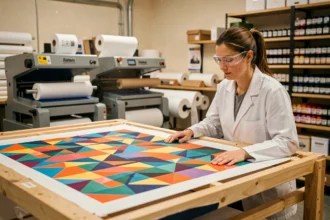 Technicienne examinant un tissu imprimé par sublimation dans un atelier professionnel d'impression textile