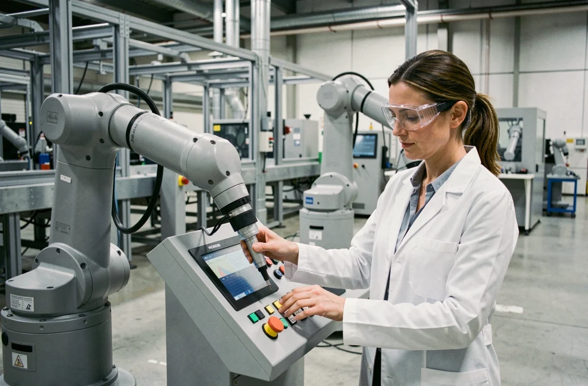Femme technicienne supervisant un bras robotique dans une usine industrielle moderne illustrant la technologie mécanique