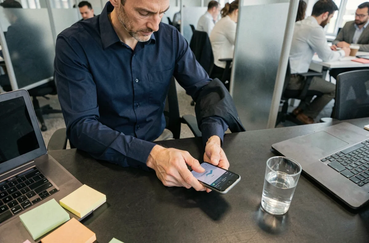 Homme retournant son téléphone sur un bureau pour préserver sa confidentialité au travail