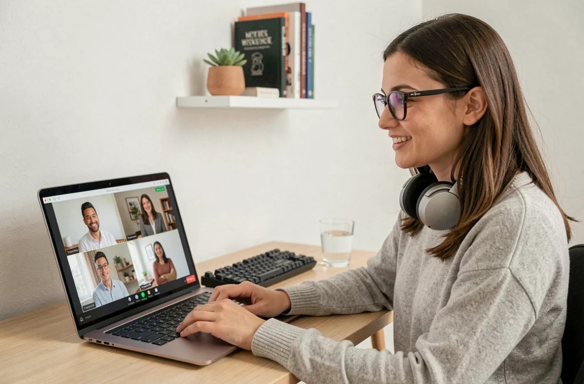 Jeune femme en télétravail participant à une visioconférence avec ses collègues via un outil collaboratif
