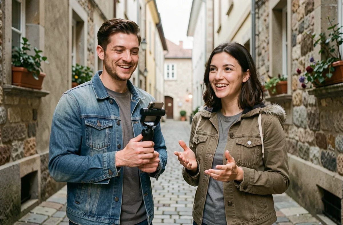 Deux jeunes créateurs filmant une vidéo en extérieur dans une ruelle pavée avec un smartphone sur stabilisateur