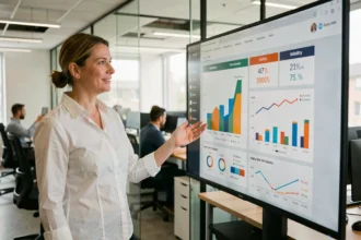 Femme professionnelle en bureau moderne expliquant les types de visibilité sur un écran analytique
