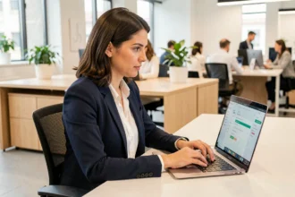 Femme professionnelle utilisant un client de messagerie Outlook sur son ordinateur portable dans un bureau moderne