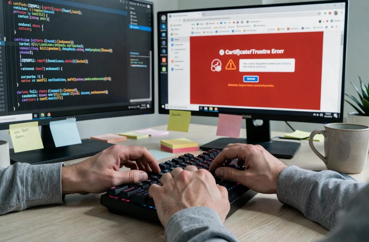Développeur validant un certificat SSL via un terminal OpenSSL avec une erreur d'autorité de certification affichée