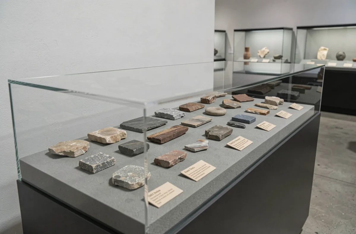 Vitrine muséale présentant une collection d'outils en pierre préhistoriques, illustrant l'histoire des premières inventions technologiques de l'humanité