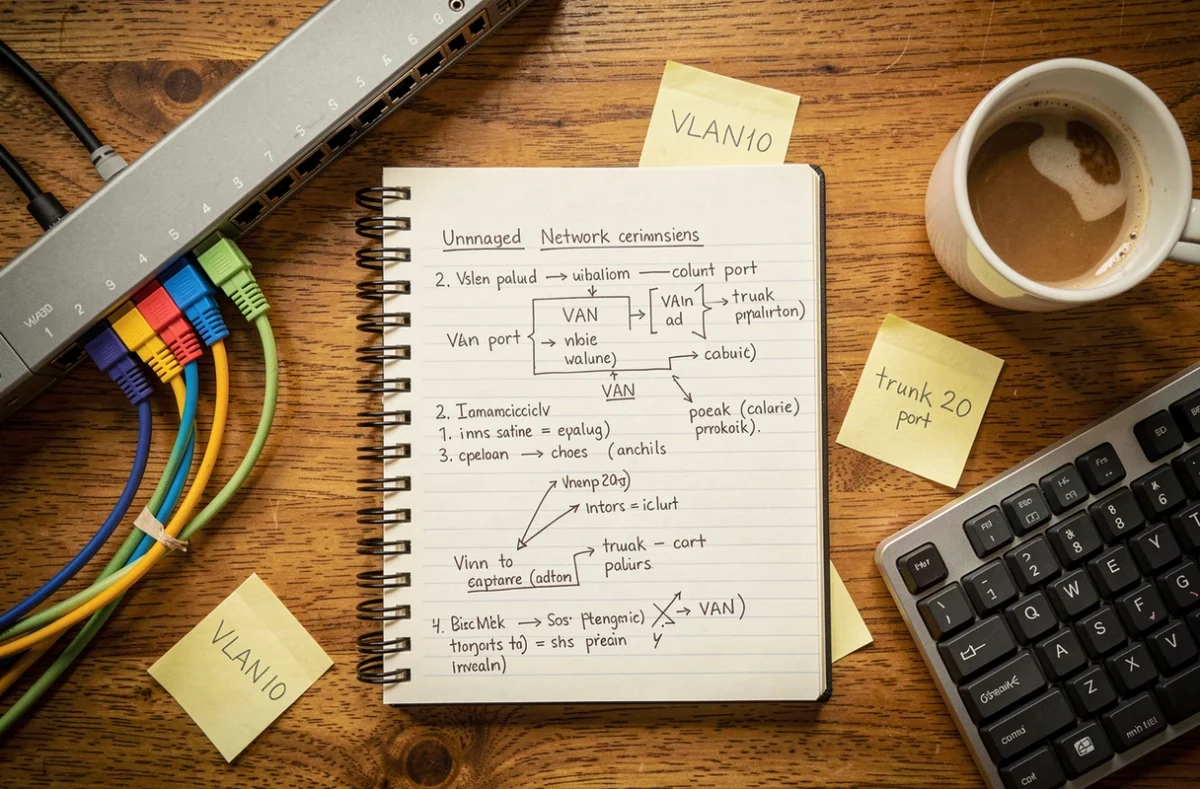 Vue aérienne d'un bureau avec un cahier de notes sur les VLANs, un switch réseau et des câbles ethernet colorés