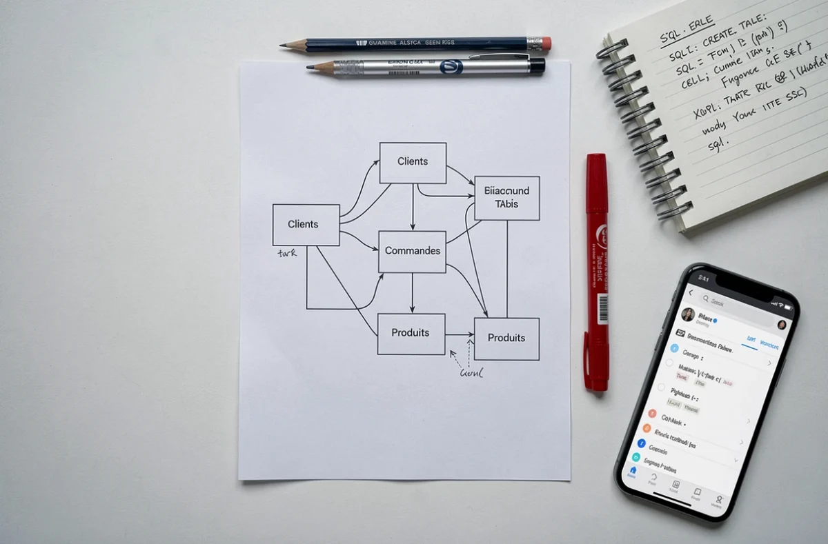 Vue aérienne d'un bureau avec un diagramme entité-association imprimé et des notes manuscrites pour créer une base de données relationnelle