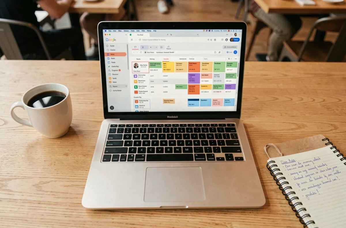 Vue en plongée d'un ordinateur portable affichant un logiciel de messagerie avec des accessoires de travail