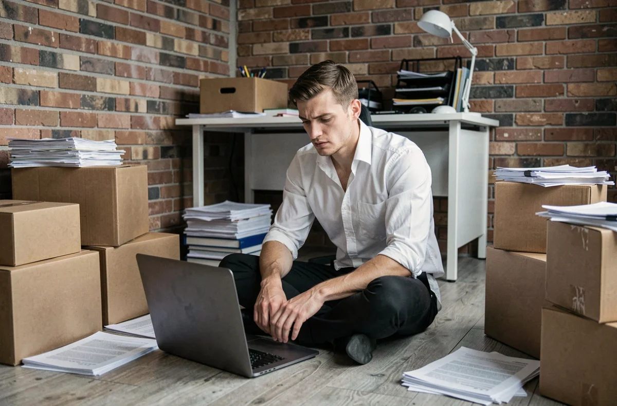 Jeune homme assis par terre dans un bureau encombré face à un ordinateur portable, symbolisant la vulnérabilité économique et professionnelle