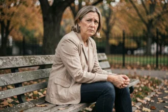Femme d'âge mûr assise seule sur un banc de parc en automne, illustrant la vulnérabilité émotionnelle et psychologique