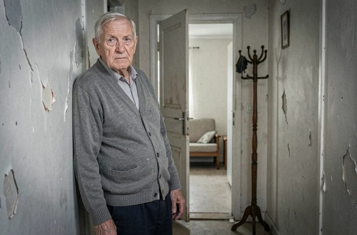 Homme âgé seul dans le couloir d'un appartement modeste, représentant la vulnérabilité physique et sociale des personnes âgées
